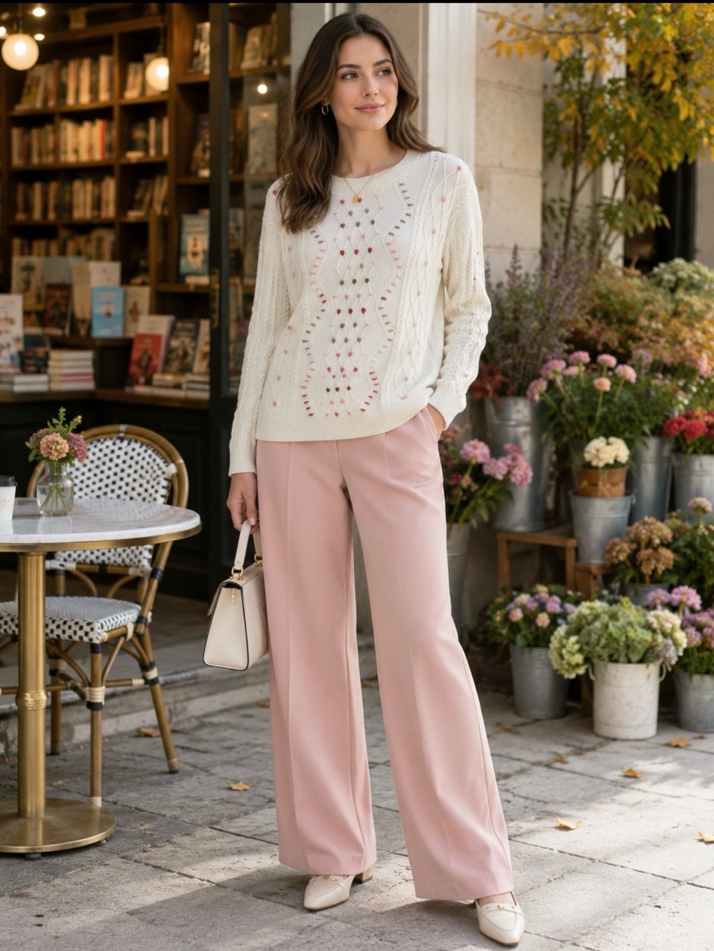 Talbots Embroidered Heart Cable Knit Crewneck Sweater Ivory M